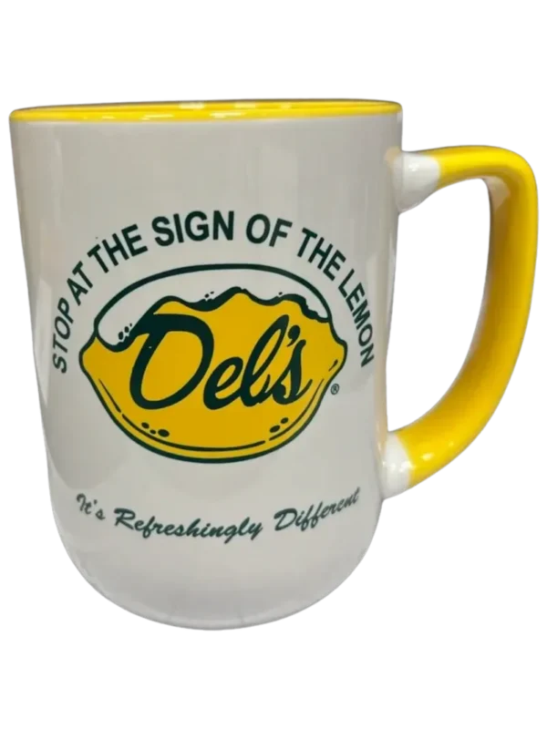 Dels stop at the sign mug yellow front